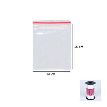 Imagem de Kit Saco Zip 10x16 cm C/100 + Fita Cetim Rolo 7mm x 100m