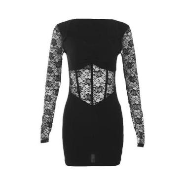 Imagem de Vestido Curto Preto Sexy Com Renda E Mangas Longas Para Mulheres Adult