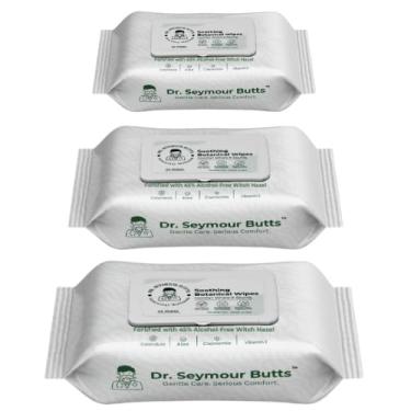 Imagem de Dr. Seymour Butts Lenços umedecidos para hemorróidas – Pacote com 3 (45 unidades cada) – Sem álcool – Hamamélis 45% + extratos botânicos (Aloe, calêndula, camomila) – Lenços de limpeza suaves para