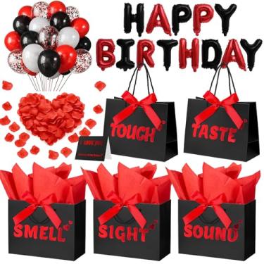 Imagem de Sacos de presente 5 sentidos para ele com etiquetas, 17,8 x 10,2 x 23 cm, kit de decorações de feliz aniversário com faixa, balões, pétalas de rosa, cartão para homens, mulheres, casamento, dia dos