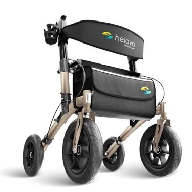 Imagem de Andador Rollator Helavo Todo Terreno com Pneus Pneumáticos de 12” – Andador Dobrável para Idosos com Assento, Leve, Altura Ajustável e Absorção de Impacto (Ouro)