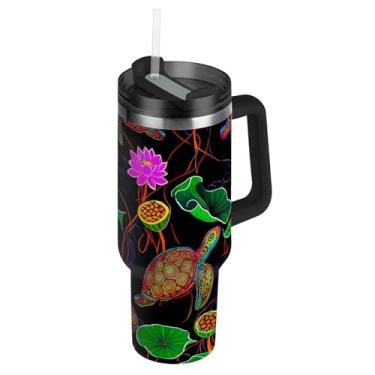 Imagem de Joisal Copos com tampas e canudo vibrante colorido tartaruga Lotu copo preto com alça 850 g engraçado isolado garrafa de água copo de aço inoxidável para quente e frio