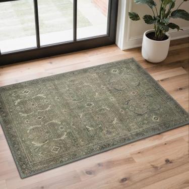 Imagem de GENIMO Tapetes de área de 5 x 7 cm para sala de estar, laváveis na máquina, tapetes vintage antiderrapantes, tapete leve com estampa de chenille para quarto, sala de jantar, escritório em casa, verde