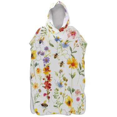 Imagem de Joisal Poncho de surfe leve para adultos trocador de roupas de banho de praia com capuz aquarela flores silvestres branco unissex poncho adulto com capuz
