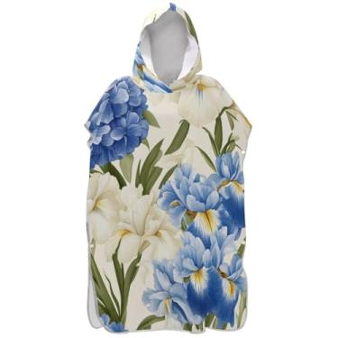 Imagem de Joisal Poncho de surfe trocador de roupão adulto praia com capuz toalha de banho plus size floral flor azul creme masculino poncho com capuz