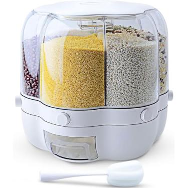Imagem de Dispenser de Grãos Container Armazenamento Rotativo 11 Qt com 6 Compartimentos Alimentos Secos Copo Medidor para Pequenos Feijões Arroz na Cozinha