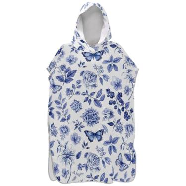 Imagem de Joisal Roupão de mudança de flores azuis branco para adultos, poncho de surfe, poncho masculino vestível com capuz, toalha de natação com capuz