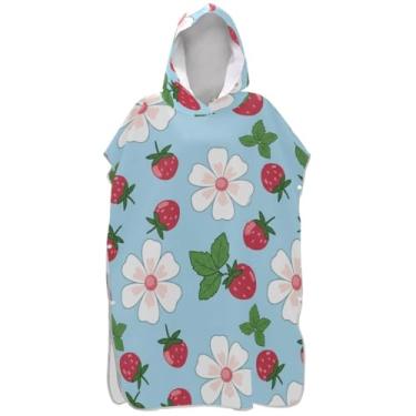 Imagem de Joisal Poncho de surfe para adultos, trocador de roupão, toalhas de banho com capuz, secagem rápida, ponchos de praia para homens, flor de morango, azul