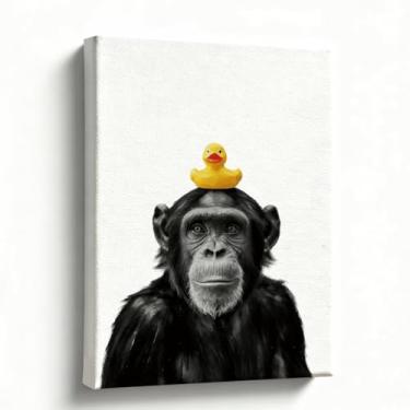 Imagem de Arte de parede de banheiro, macaco engraçado com tela de pato de borracha, impressão de pintura a óleo animal preto e branco, decoração de banheiro divertida para lavabo, pronto para pendurar, 20 x 25