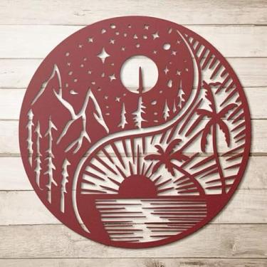 Imagem de Arte de parede minimalista sol lua coqueiro, pintura moderna de folha de flandres de cena de praia para paredes internas e externas (vermelho)