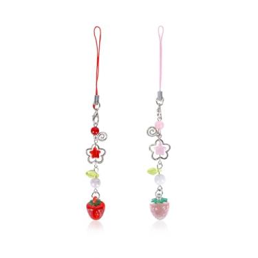 Imagem de Fycyko Pulseira de pingentes de celular 2 peças de cristal de morango bonito Y2K acessórios estéticos bonitos para bolsa, chaveiro, airpods, câmera, pingentes, decoração-rosa + vermelho