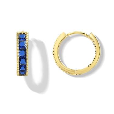 Imagem de Elaximn Brincos de argola de safira azul minúsculos para mulheres, hipoalergênicos, banhados a ouro 14 K, pequenos brincos de argola de zircônia cúbica azul para mulheres, joias e presentes