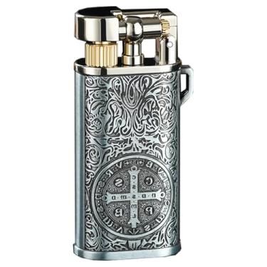 Imagem de Isqueiro St Benedict Constantine com bolso de metal, vintage, reutilizável, clássico, criativo, butano, para presente decorativo de coleção (butano não incluído) (prata)