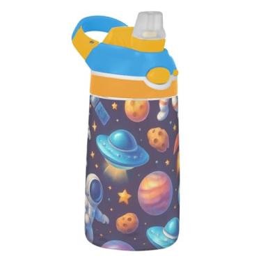 Imagem de Garrafa de água infantil Fun Colorful Outer Space Planets, 473 ml, reutilizável, esportiva, com tampa de palha, copo infantil Tritan à prova de vazamento de 473 ml, portátil, alça de transporte