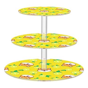 Imagem de Suporte de cupcake de 3 níveis para chá de formatura, torre de bolo, fofo, desenho animado, cachorro, amarelo-limão, suporte de sobremesa, bandeja de servir comida rosa