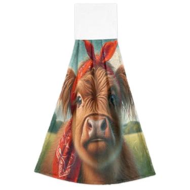 Imagem de Joitme Toalhas de mão com laços para pendurar Vaca Highland Bonito Bezerro Toalhas de Chá Conjunto de 2, Essenciais de Cozinha Decorativos Absorventes Macios, 47 x 35 cm