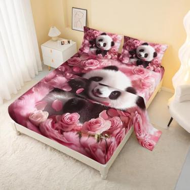 Imagem de AILONEN Jogo de lençol com elástico de panda floral rosa para meninas, 4 peças, Queen, para crianças e adultos, adorável animal kawaii, lençol com elástico/lençol de cima, 2 fronhas