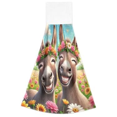 Imagem de Toalhas de mão de outono com laço para pendurar burros fofos animais sorrindo forno toalha de dedo conjunto de 2, toalha de cozinha absorvente macio para decoração de casa, 46 x 35 centímetros