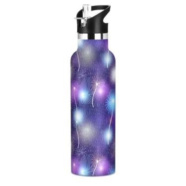 Imagem de Dente-de-leão colorido azul roxo meninos garrafa de água com tampa de palha, garrafas de água isoladas de aço inoxidável à prova de vazamento copos infantis livres de BPA para escola viagens esportes