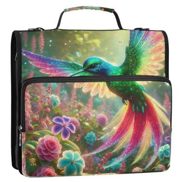 Imagem de Organizador de fichário verde com zíper e flores de jardim com beija-flor vibrante, 3 anéis, bolsa de fichário resistente para escola secundária com alça para armazenamento e pasta com alça