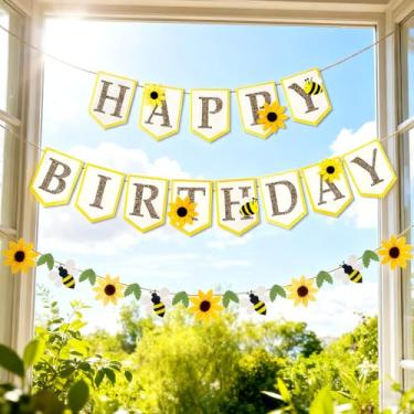 Imagem de PAPAR JAZZ Banner de feliz aniversário com decoração de girassol de abelha mel, guirlanda de feltro 3D pré-amarrada, decorações de festa de aniversário penduradas para festa de aniversário de girassol