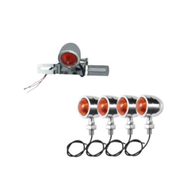 Imagem de Kit Lanterna Traseira e Piscas para Moto Café Racer, 12V, Universal, Lente Vermelha e Laranja, 5 Peças (Cromado | Esquerdo/Direito)