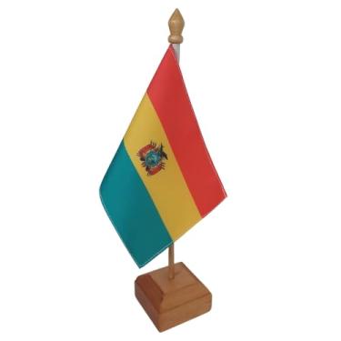 Imagem de Bandeira de Mesa Elegance Bolívia, Decorativa, Dupla Face, Multicolorido, 19x30 cm, Base e Haste em Madeira Natural, para Escritório, Eventos e Decoração