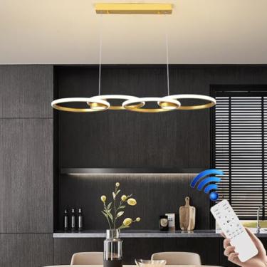 Imagem de Luminária pendente moderna em LED, estilo nórdico criativo, com 4 anéis de LED, dimerizável, com controle remoto, altura ajustável de 120 cm, ideal para sala de jantar, sala de estar, cozinh