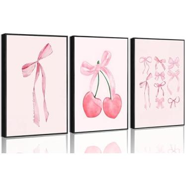 Imagem de 3 peças de arte de parede em tela com laços cor-de-rosa na moda, vintage, bonito, preppy aquarela, arcos de cerejeira, pintura, imagens, decoração de parede, pôsteres, impressões, estética feminina