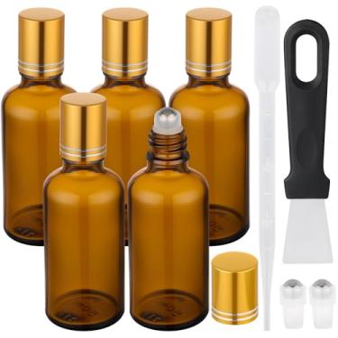 Imagem de Segbeauty Frascos de rolo âmbar de vidro espesso de 50 ml para óleos essenciais, 5 frascos de perfume Roll On para viagem, aplicador de bola de rolo recarregável de 50 ml para essência de olhos