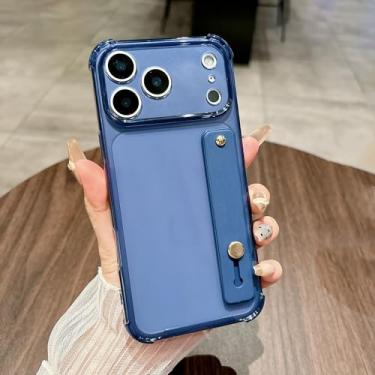 Imagem de Capa de silicone transparente de luxo com fluorescência brilhante para iPhone 17 Air 16 15 14 13 Mini 12 Pro Max Plus com alça de pulso e suporte (para iPhone 15 Plus/Azul Marinho)