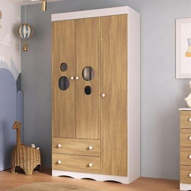 Imagem de Guarda-roupa Infantil 92cm Com Vidro 3 Portas E 2 Gavetas Sonho Multimóveis MP4472 Branco-madeirado