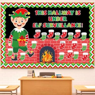 Imagem de QOUBAI Conjunto de quadro de avisos de Natal, lareira de elfo, decoração de quadro de avisos, lareira de elfo, recortes de Natal, decorações de sala de aula para decoração de sala de aula, escritório