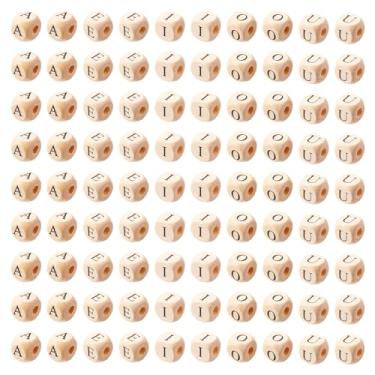 Imagem de Spritewelry 250 peças de contas de madeira do alfabeto de 10 mm A E I O U U contas de madeira cubo de madeira natural letra inicial forma quadrada contas de artesanato solto para pulseira de canetas