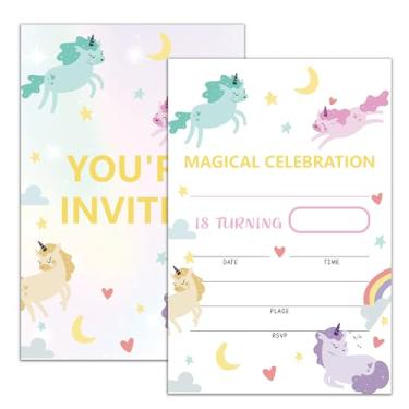 Imagem de Moonle 20 conjuntos de cartões de convites de aniversário de unicórnio mágico, vamos jogar convites coloridos de unicórnio com envelopes, festa de aniversário arco-íris para meninas e meninos