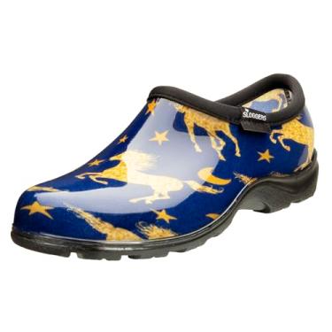 Imagem de Sloggers Sapato feminino original à prova d'água para chuva e jardim – Tamanco de jardim sem cadarço para uso externo – Feito nos EUA com palmilha de conforto premium e suporte de arco, Cavalo