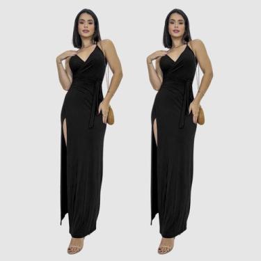 Imagem de Kit 2 Vestido Longo Envelope Viscolycra Alça Fina Regata Fenda Feminin