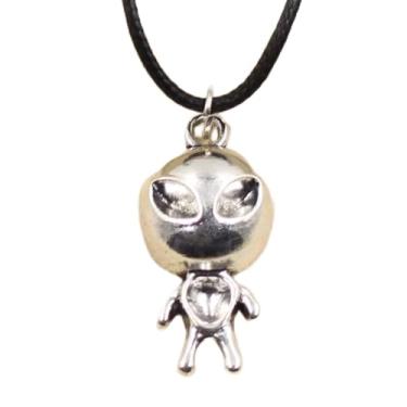 Imagem de EDCRFV Colar pingente tibetano cor prata alienígena berloque cordão de couro preto feito à mão