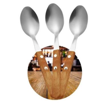 Imagem de Jg 6 Talher Colher Sopa Inox Cabo Madeira Jantar Restaurante - INGA