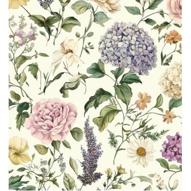 Imagem de HeloHo Papel de parede floral vintage floral para contato floral boho flor botânica papel de parede removível autoadesivo casa de fazenda papel de parede para armários banheiro quarto vinil 44 x 199