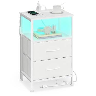 Imagem de SONGMICS Coleção Bellah – Mesa de cabeceira com estação de carregamento e luzes de LED ajustáveis controladas por aplicativo, mesa lateral para cama, 2 gavetas e 1 prateleira aberta, quarto, branco