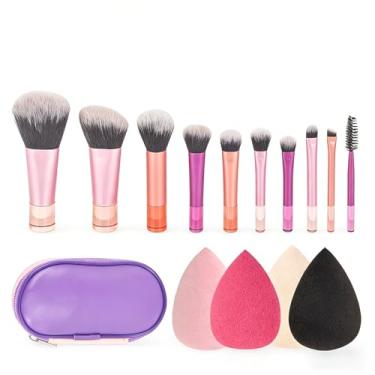 Imagem de Pincéis de maquiagem, kit de pincéis sintéticos, base em pó, corretivo, blush, marca-texto, conjunto de pincéis com 4 peças de esponja de maquiagem e bolsa de cosméticos para mulheres