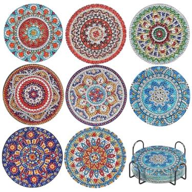 Imagem de AMFUN Kit de porta-copos de pintura de diamante de 8 peças, kits de porta-copos de arte de diamante mandala com suporte, porta-copos de mandala de diamante DIY para iniciantes