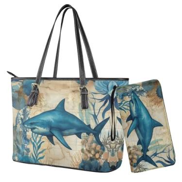 Imagem de Sannovo Conjunto de carteira feminina de couro, bolsa de mão com alça superior para mulheres, Marrom e azul-tubarão