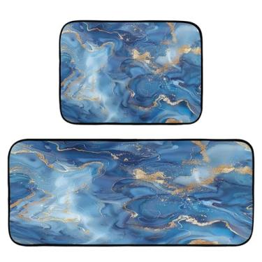 Imagem de xigua Conjunto de 2 peças de tapetes e tapetes de cozinha de mármore azul absorvente macio para chão tapete de cozinha antiderrapante conjunto de capacho de cozinha, 50 x 120 cm + 50 x 70 cm