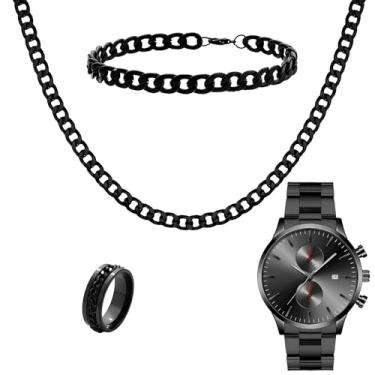 Imagem de NEWITIN Conjunto de 4 peças de joias pretas para homens, relógio de aço inoxidável, colar, pulseira, anel moderno, relógio de pulso preto, corrente de elos cubanos, conjunto de joias cubanas para