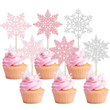 Imagem de Gyufise 36Pcs Snowflake Cupcake Toppers Glitter Frozen Cupcake Picks Snowflake Cake Decorations for Winter Wonderland Frozen Theme Baby Shower Birthday Christmas Party Supplies Pink Silver
