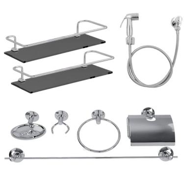 Imagem de Kit Acessórios 5 Peças + 2 Porta Shampoo Reto Fumê + 1 Ducha