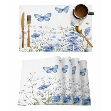 Imagem de Conjunto de 4 jogos americanos de primavera Bluebells com borboleta azul claro 33 x 48 cm, lavável em linho, antiderrapante, cenário de jardim floral, jogo americano rústico de verão para mesa de