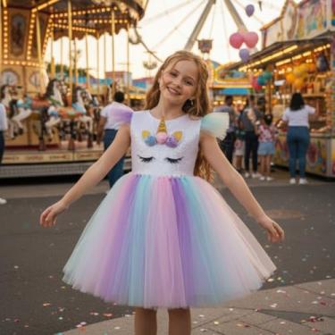 Imagem de Fantasia Unicornio Infantil Menina Criança Luxo Saia Multicolorida Para Festa, Aniversario. Carnaval Luxo (P)